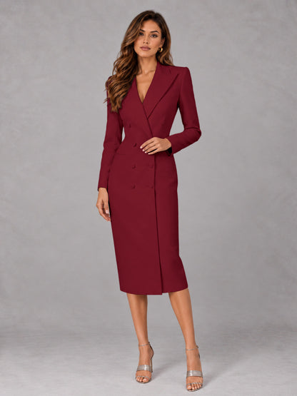 Burgundy Tailored Fit Peak Lapel Double Breasted Tea-Length Women's Blazer