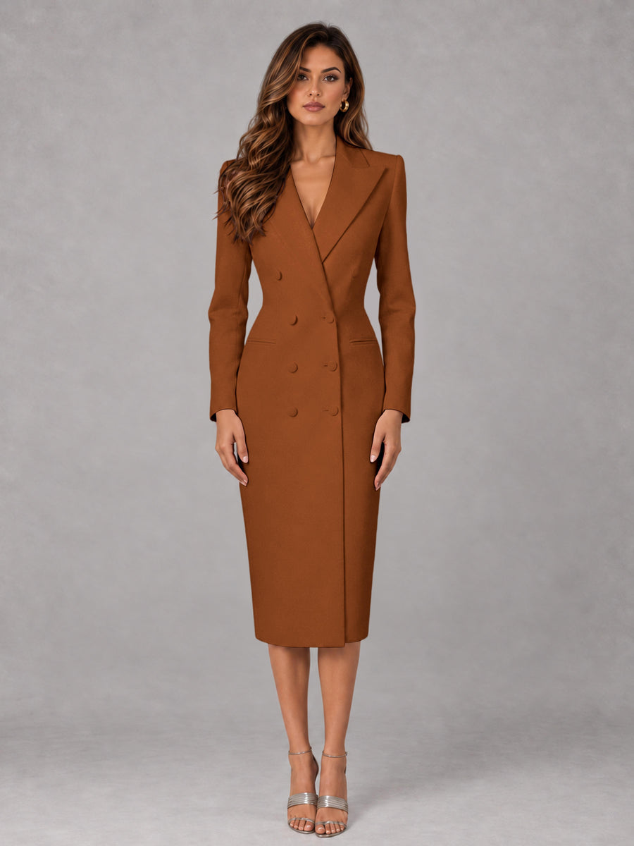 Burnt Orange Tailored Fit Peak Lapel Double Breasted Tea-Length Women's Blazer