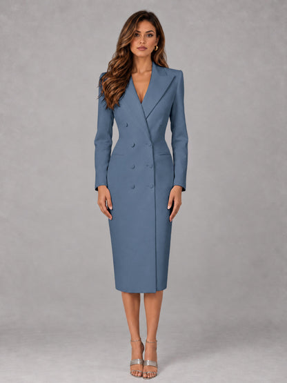 Dusty Blue Tailored Fit Peak Lapel Double Breasted Tea-Length Women's Blazer