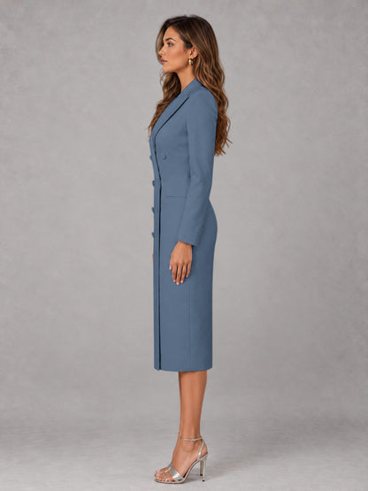 Dusty Blue Tailored Fit Peak Lapel Double Breasted Tea-Length Women's Blazer