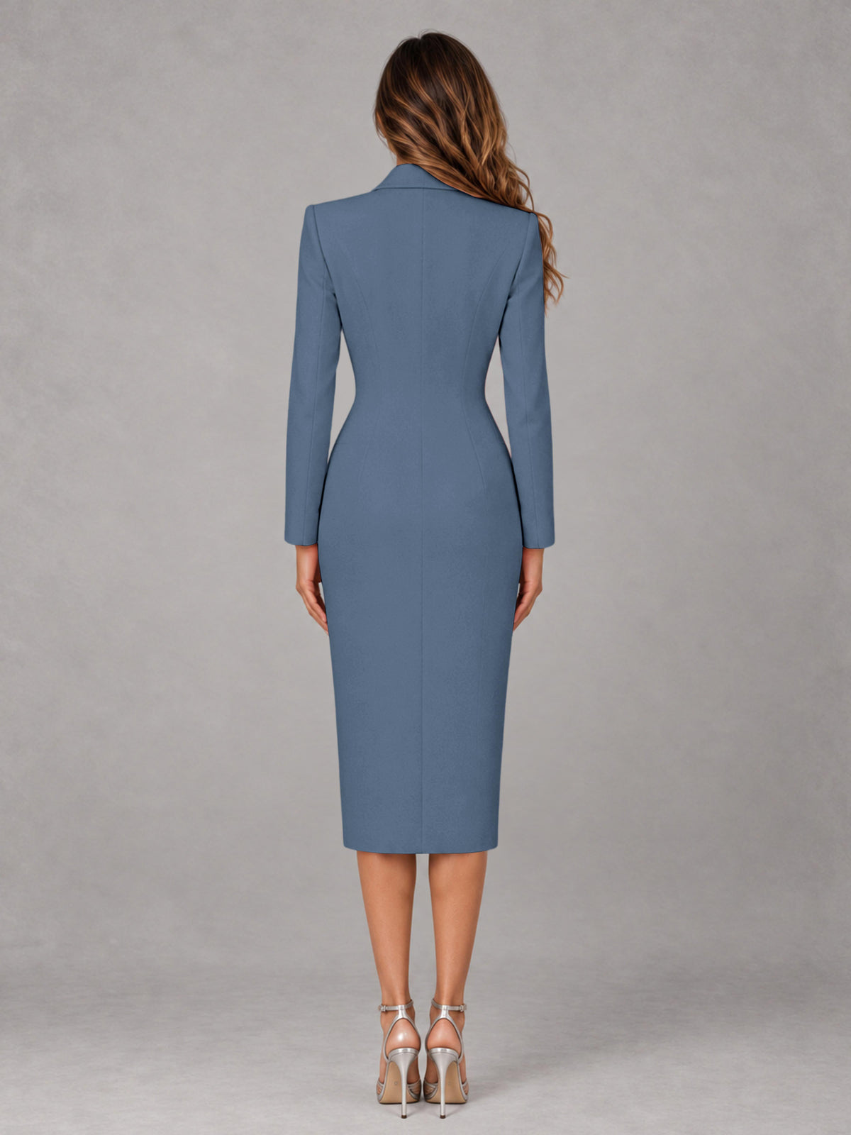 Dusty Blue Tailored Fit Peak Lapel Double Breasted Tea-Length Women's Blazer
