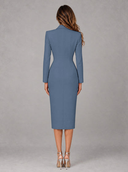 Dusty Blue Tailored Fit Peak Lapel Double Breasted Tea-Length Women's Blazer