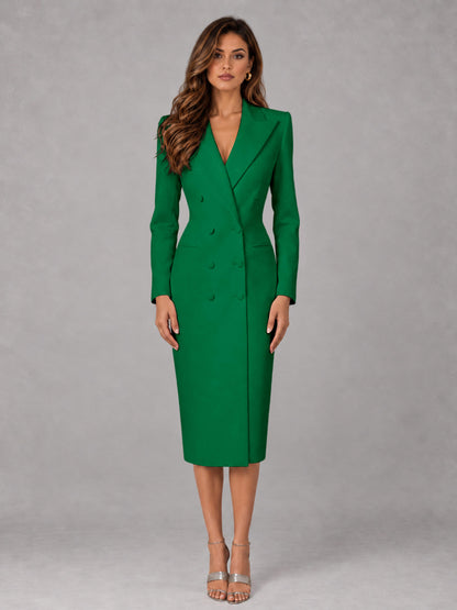 Emerald Green Tailored Fit Peak Lapel Double Breasted Tea-Length Women's Blazer