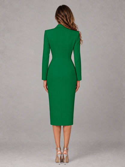 Emerald Green Tailored Fit Peak Lapel Double Breasted Tea-Length Women's Blazer