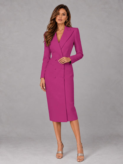 Fuchsia Tailored Fit Peak Lapel Double Breasted Tea-Length Women's Blazer