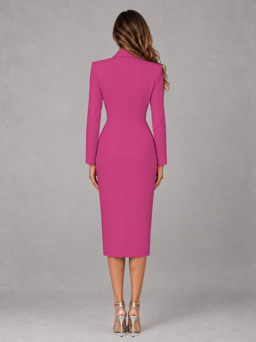 Hot Pink Tailored Fit Peak Lapel Double Breasted Tea-Length Women's Blazer