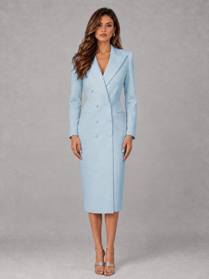 Light Blue Tailored Fit Peak Lapel Double Breasted Tea-Length Women's Blazer