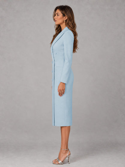 Light Blue Tailored Fit Peak Lapel Double Breasted Tea-Length Women's Blazer