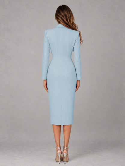 Light Blue Tailored Fit Peak Lapel Double Breasted Tea-Length Women's Blazer