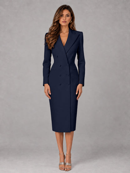 Navy Blue Tailored Fit Peak Lapel Double Breasted Tea-Length Women's Blazer