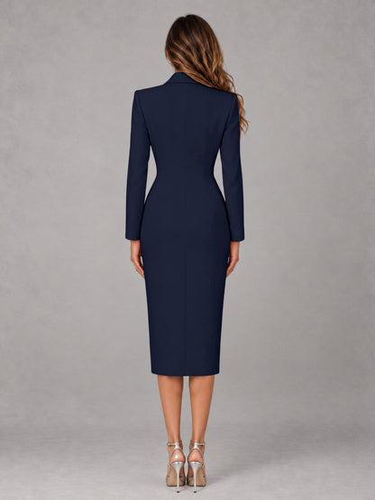Navy Blue Tailored Fit Peak Lapel Double Breasted Tea-Length Women's Blazer
