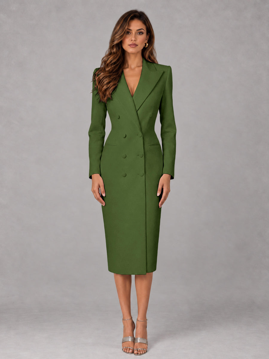 Olive Green Tailored Fit Peak Lapel Double Breasted Tea-Length Women's Blazer