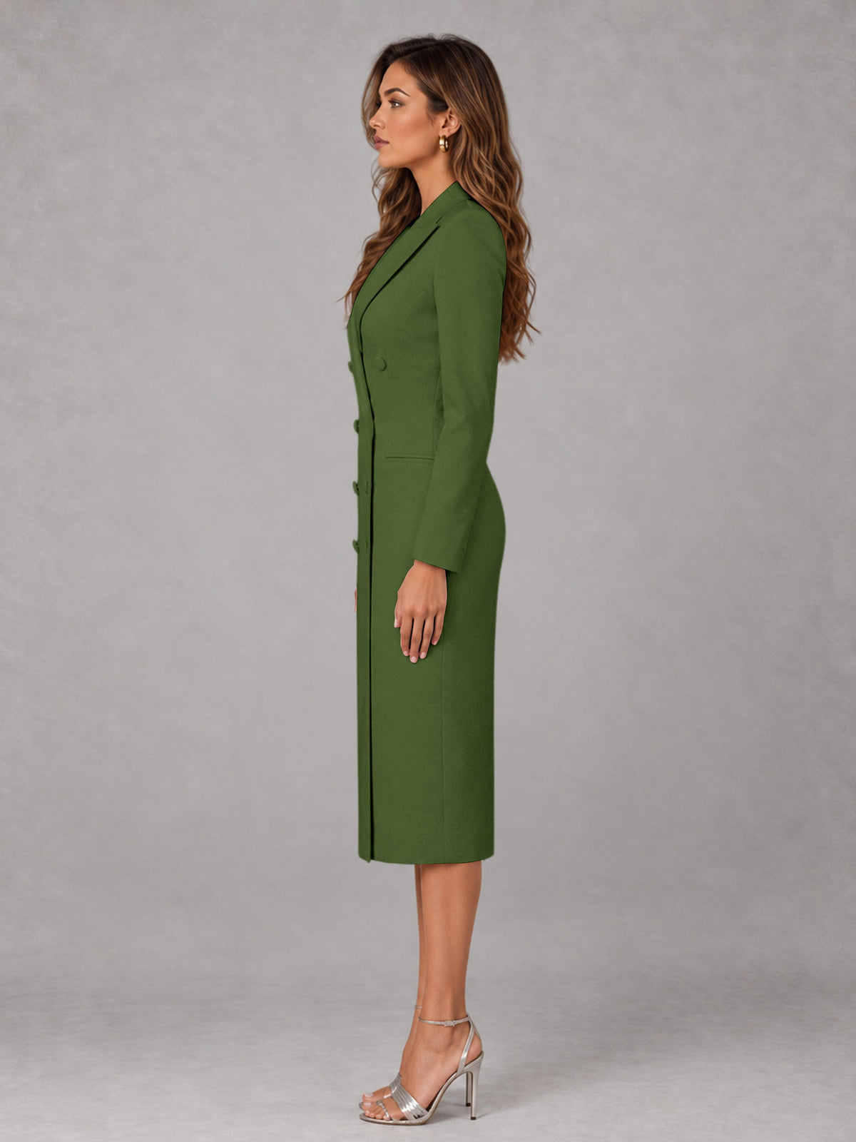 Olive Green Tailored Fit Peak Lapel Double Breasted Tea-Length Women's Blazer