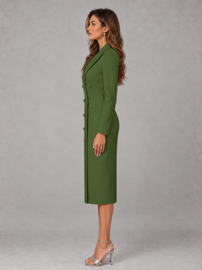 Olive Green Tailored Fit Peak Lapel Double Breasted Tea-Length Women's Blazer