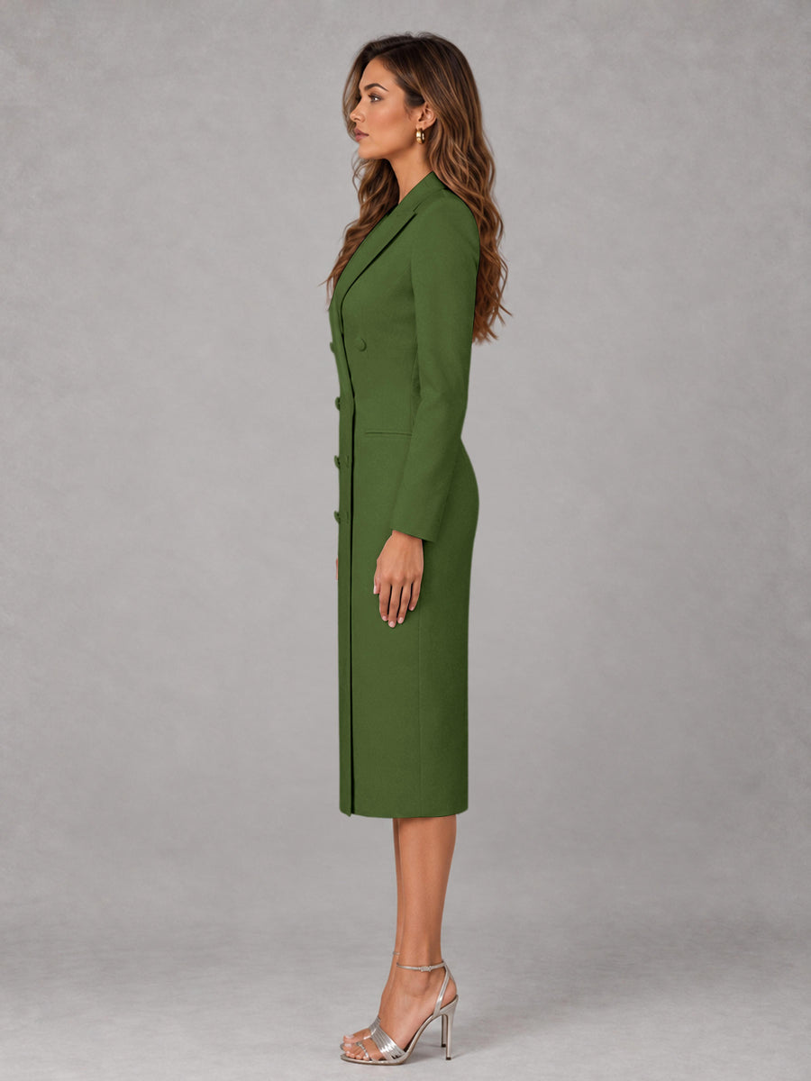 Olive Green Tailored Fit Peak Lapel Double Breasted Tea-Length Women's Blazer