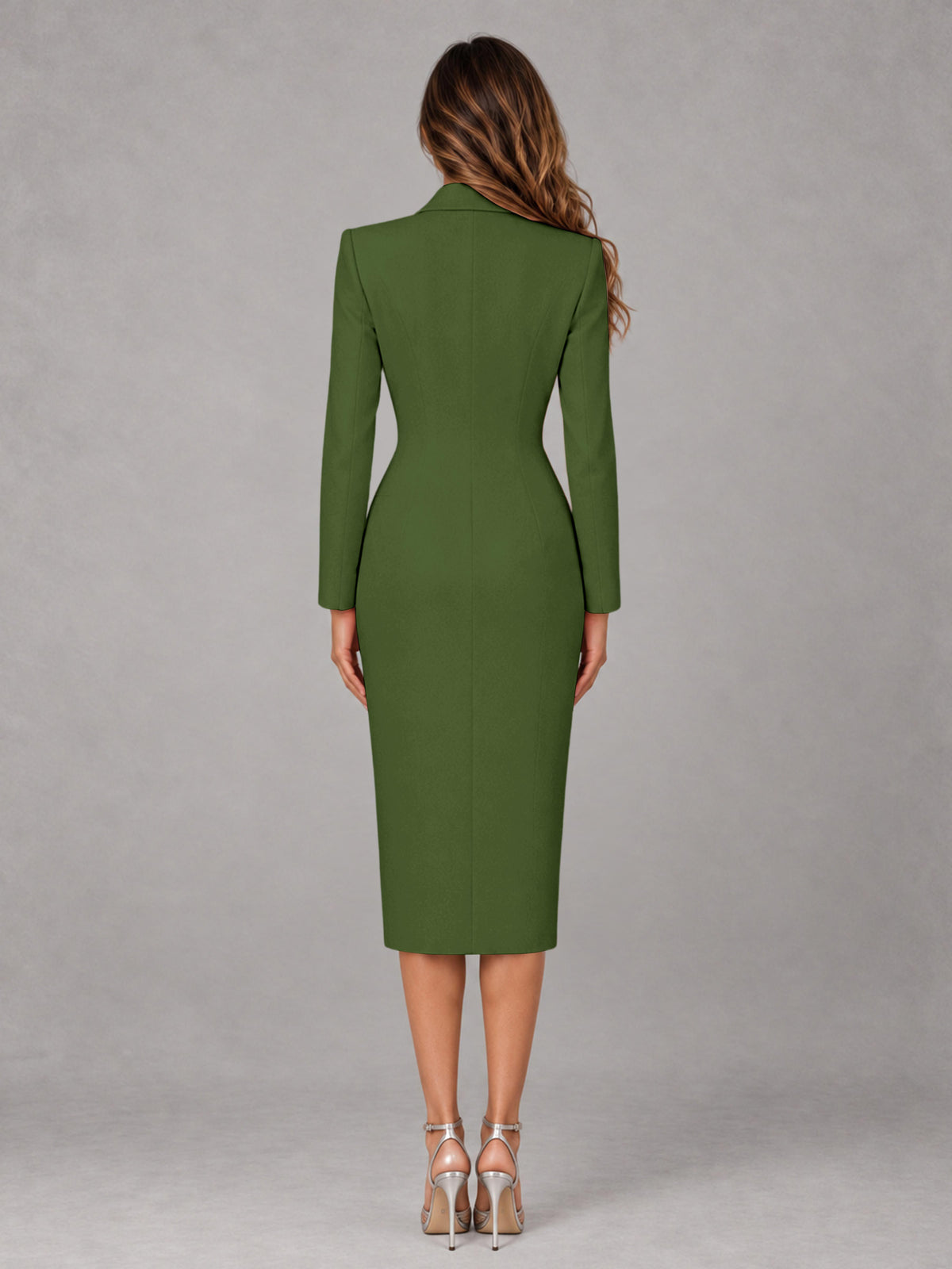Olive Green Tailored Fit Peak Lapel Double Breasted Tea-Length Women's Blazer