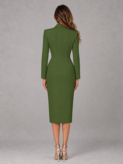 Olive Green Tailored Fit Peak Lapel Double Breasted Tea-Length Women's Blazer
