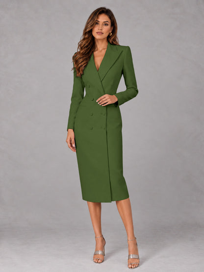 Olive Green Tailored Fit Peak Lapel Double Breasted Tea-Length Women's Blazer