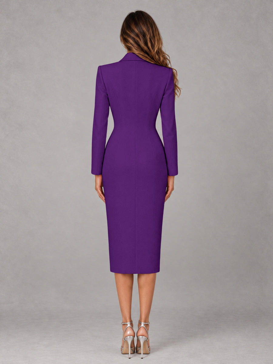 Purple Tailored Fit Peak Lapel Double Breasted Tea-Length Women's Blazer