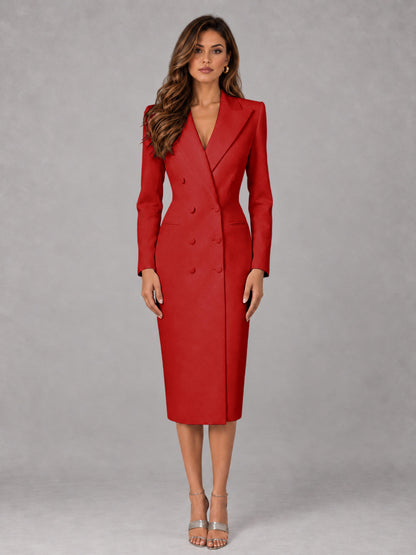 Red Tailored Fit Peak Lapel Double Breasted Tea-Length Women's Blazer