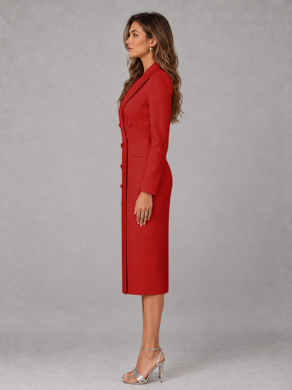 Red Tailored Fit Peak Lapel Double Breasted Tea-Length Women's Blazer