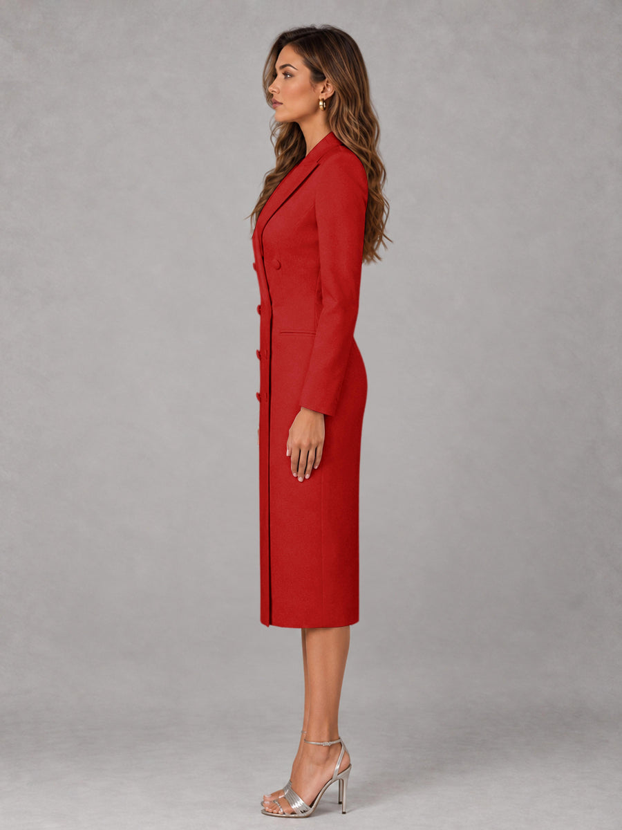 Red Tailored Fit Peak Lapel Double Breasted Tea-Length Women's Blazer
