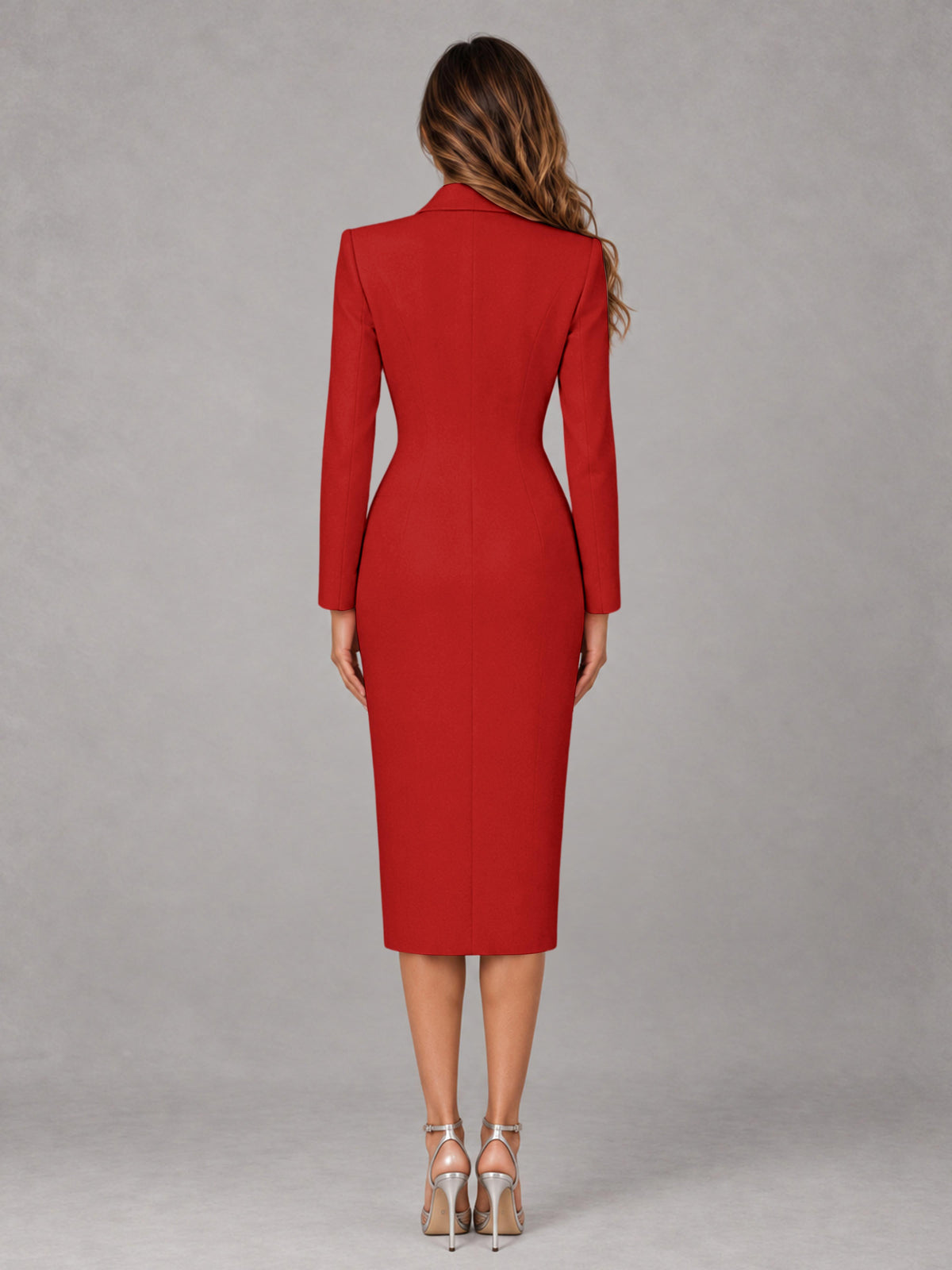 Red Tailored Fit Peak Lapel Double Breasted Tea-Length Women's Blazer
