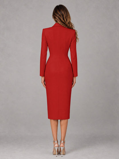 Red Tailored Fit Peak Lapel Double Breasted Tea-Length Women's Blazer
