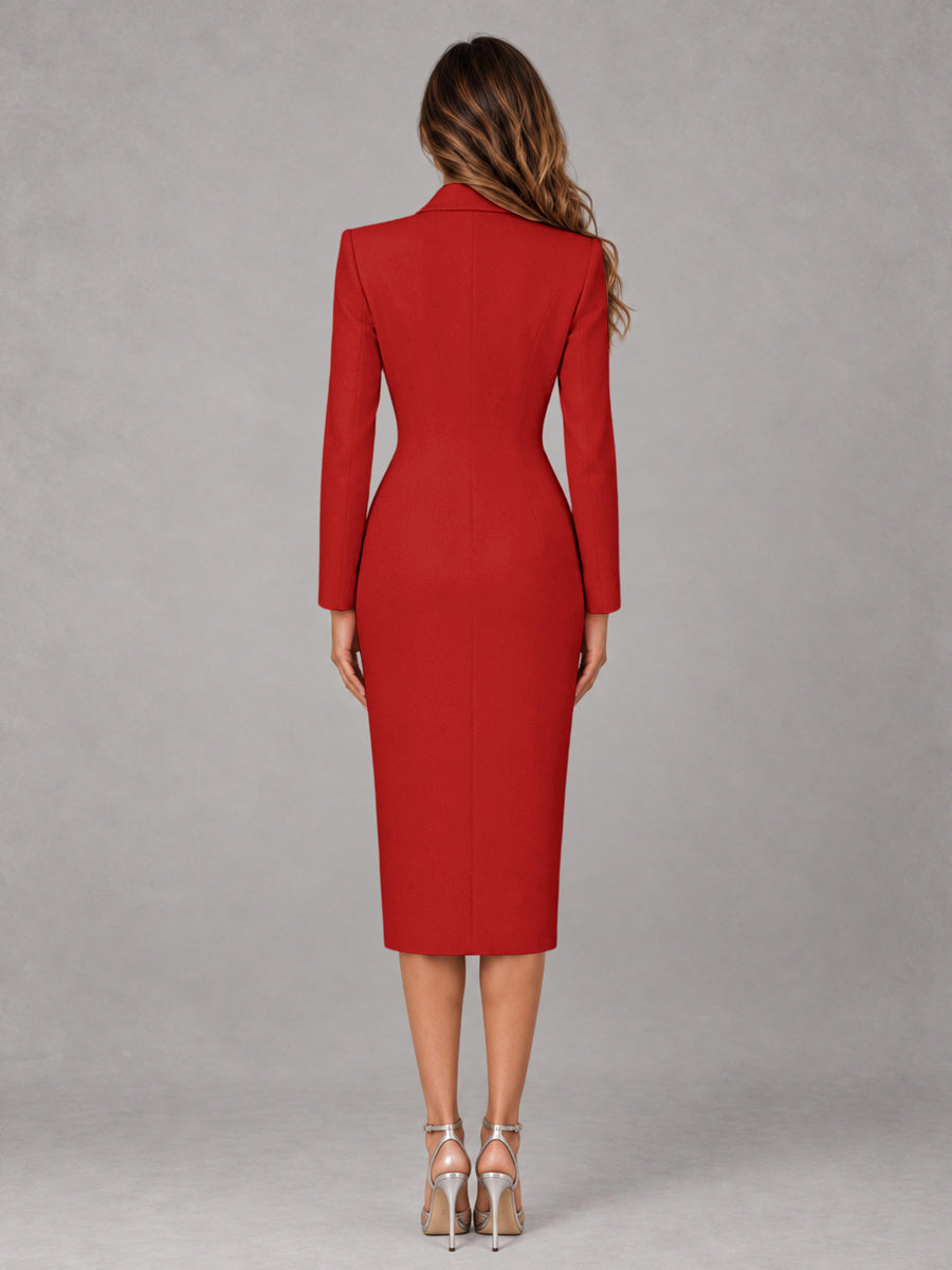 Red Tailored Fit Peak Lapel Double Breasted Tea-Length Women's Blazer