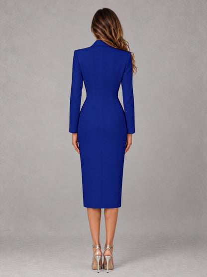 Royal Blue Tailored Fit Peak Lapel Double Breasted Tea-Length Women's Blazer