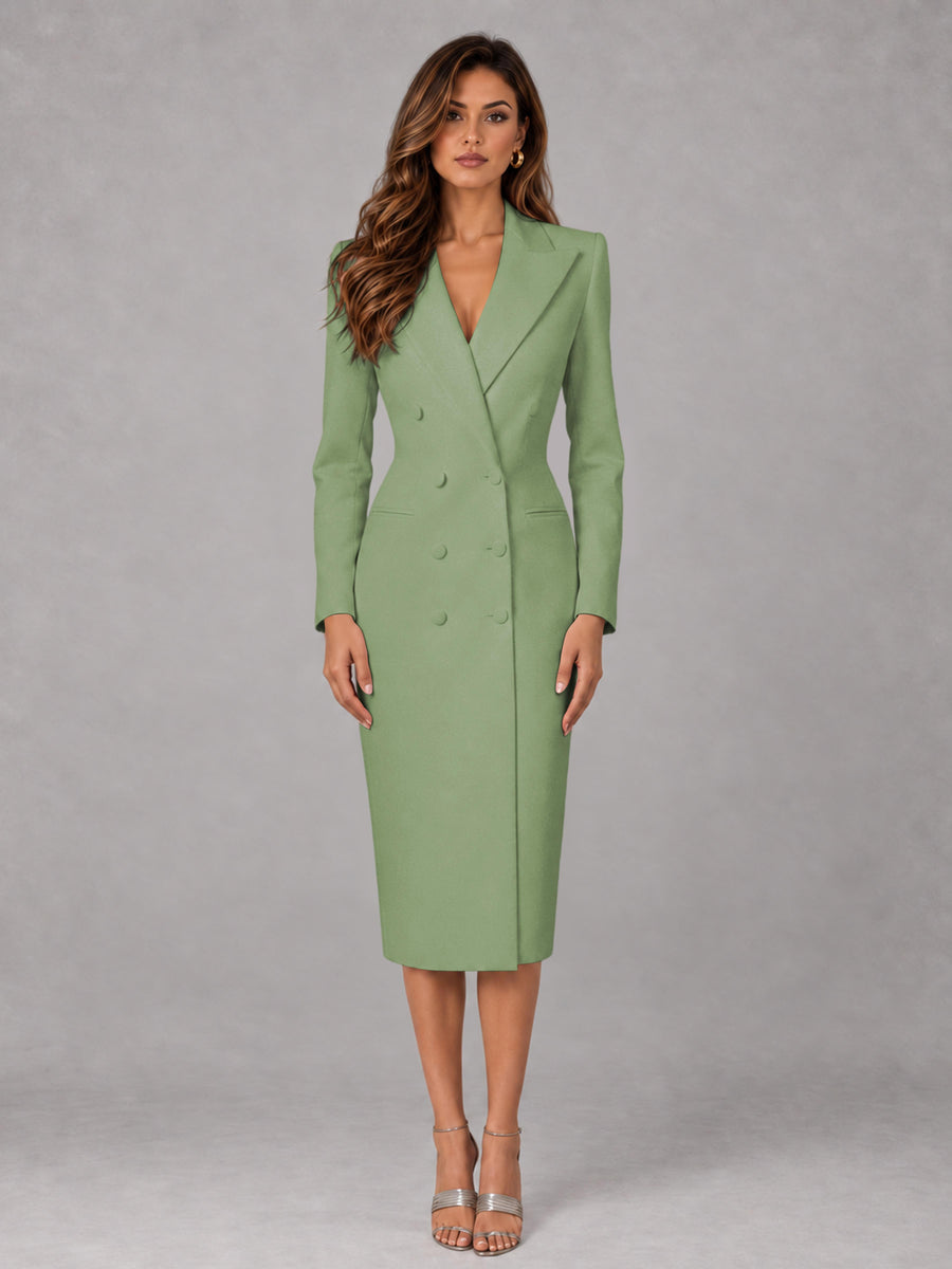 Sage Green Tailored Fit Peak Lapel Double Breasted Tea-Length Women's Blazer