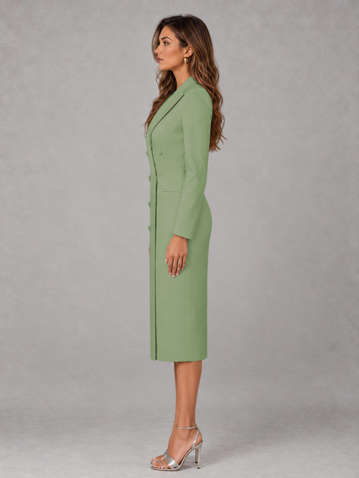 Sage Green Tailored Fit Peak Lapel Double Breasted Tea-Length Women's Blazer