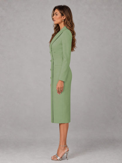 Sage Green Tailored Fit Peak Lapel Double Breasted Tea-Length Women's Blazer