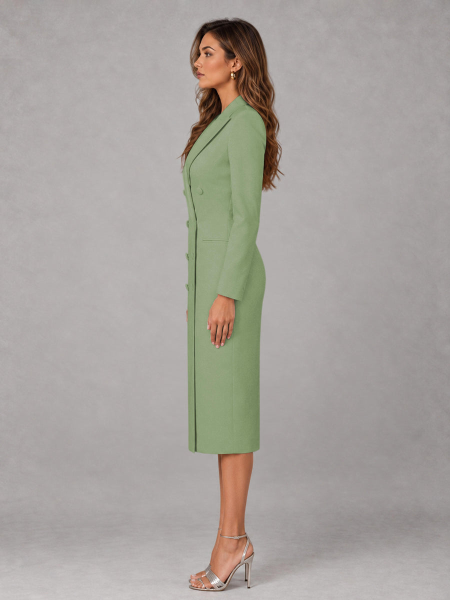 Sage Green Tailored Fit Peak Lapel Double Breasted Tea-Length Women's Blazer