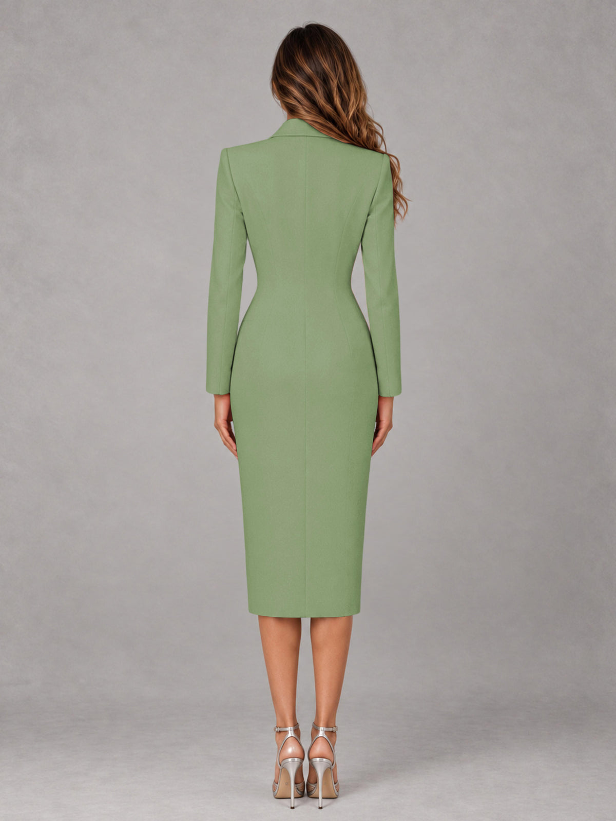 Sage Green Tailored Fit Peak Lapel Double Breasted Tea-Length Women's Blazer