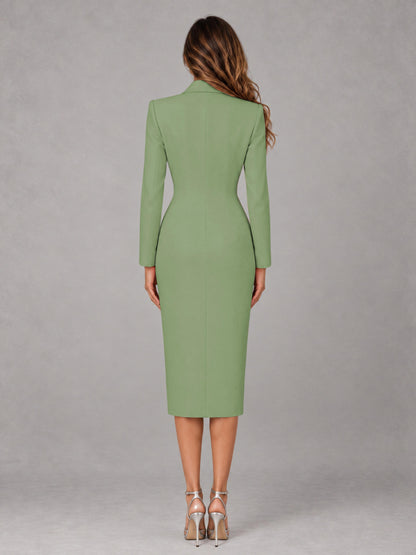 Sage Green Tailored Fit Peak Lapel Double Breasted Tea-Length Women's Blazer
