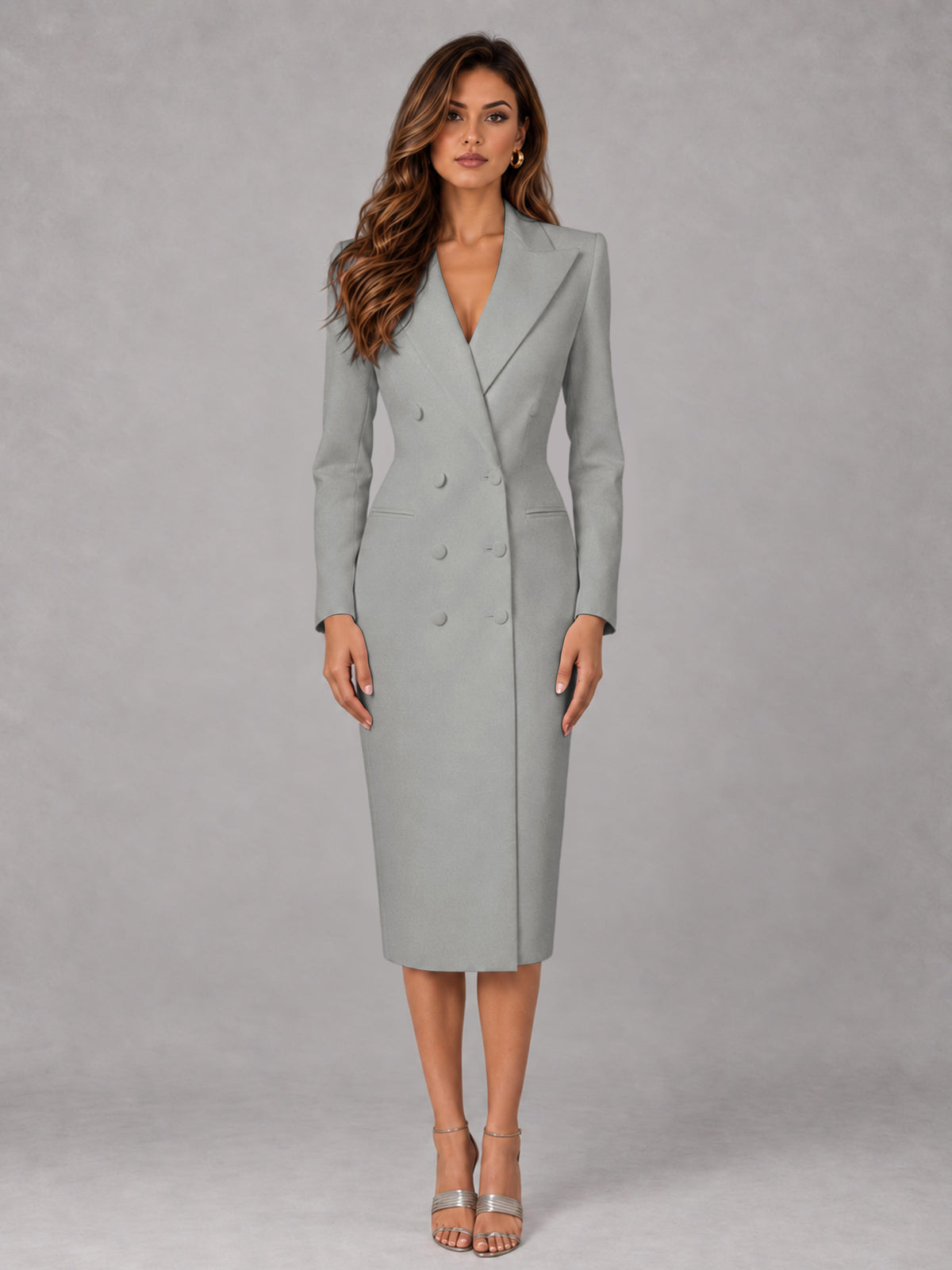 Silver Tailored Fit Peak Lapel Double Breasted Tea-Length Women's Blazer