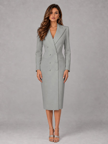 Silver Tailored Fit Peak Lapel Double Breasted Tea-Length Women's Blazer