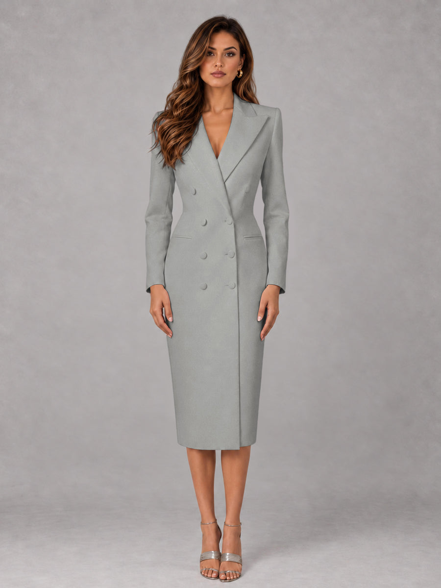 Silver Tailored Fit Peak Lapel Double Breasted Tea-Length Women's Blazer