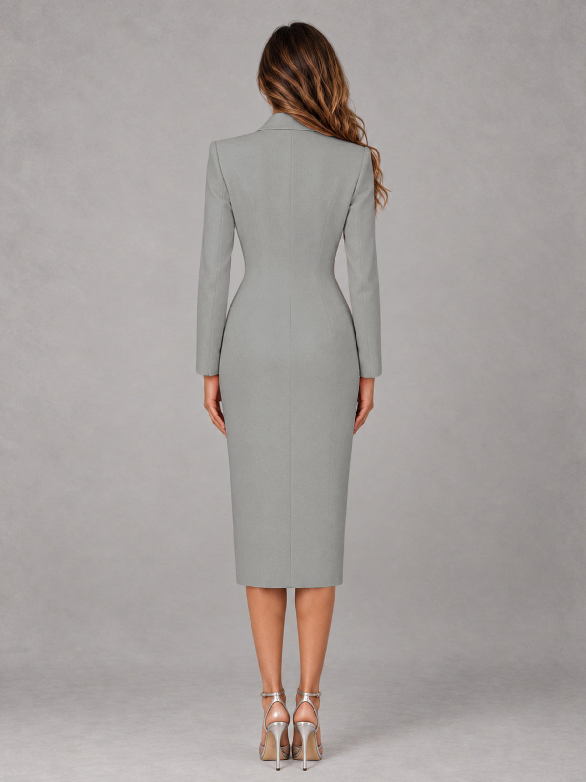 Silver Tailored Fit Peak Lapel Double Breasted Tea-Length Women's Blazer