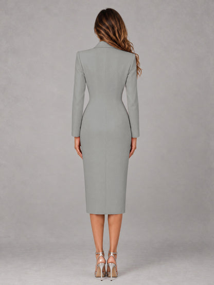 Silver Tailored Fit Peak Lapel Double Breasted Tea-Length Women's Blazer
