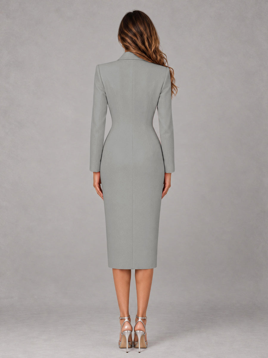 Silver Tailored Fit Peak Lapel Double Breasted Tea-Length Women's Blazer