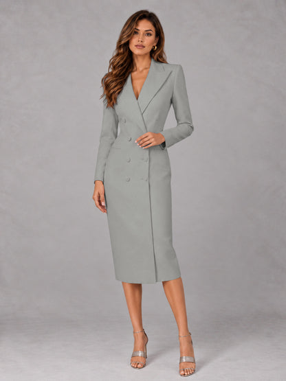 Silver Tailored Fit Peak Lapel Double Breasted Tea-Length Women's Blazer
