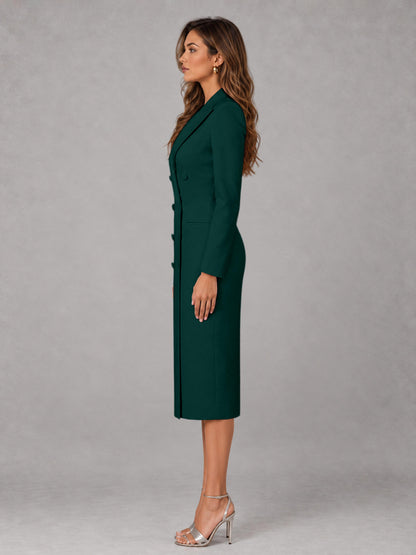 Teal Tailored Fit Peak Lapel Double Breasted Tea-Length Women's Blazer