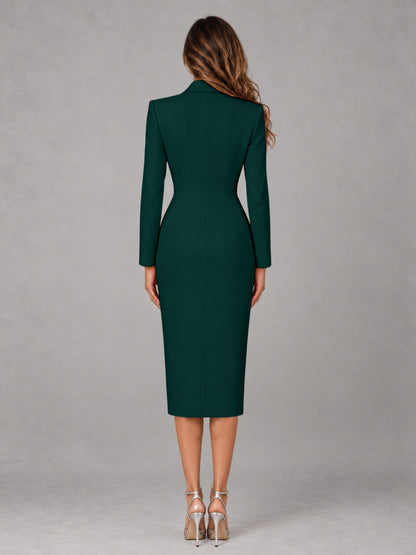 Teal Tailored Fit Peak Lapel Double Breasted Tea-Length Women's Blazer