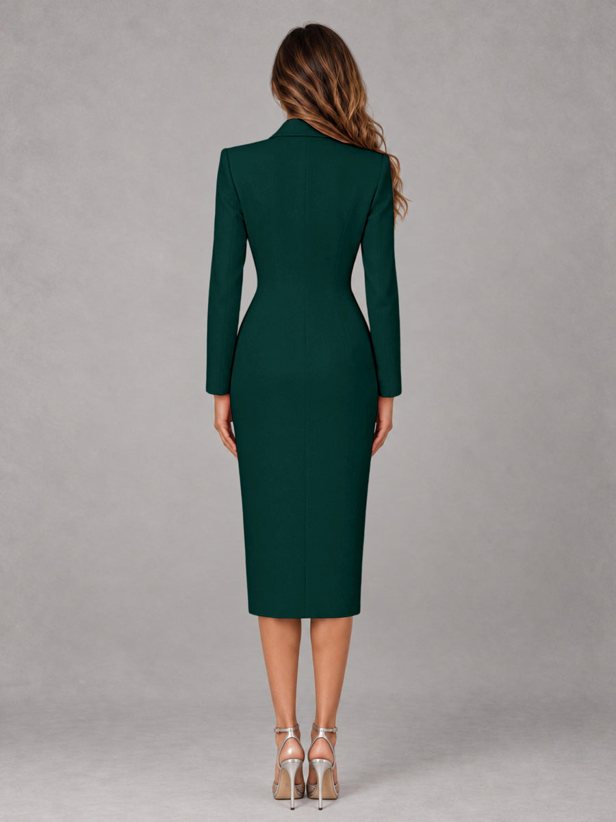 Teal Tailored Fit Peak Lapel Double Breasted Tea-Length Women's Blazer