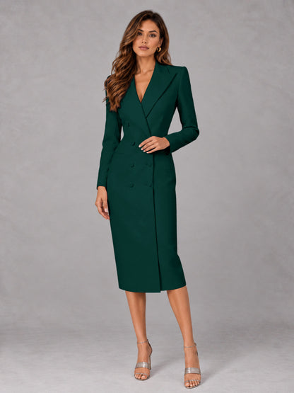 Teal Tailored Fit Peak Lapel Double Breasted Tea-Length Women's Blazer