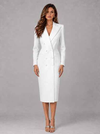 White Tailored Fit Peak Lapel Double Breasted Tea-Length Women's Blazer