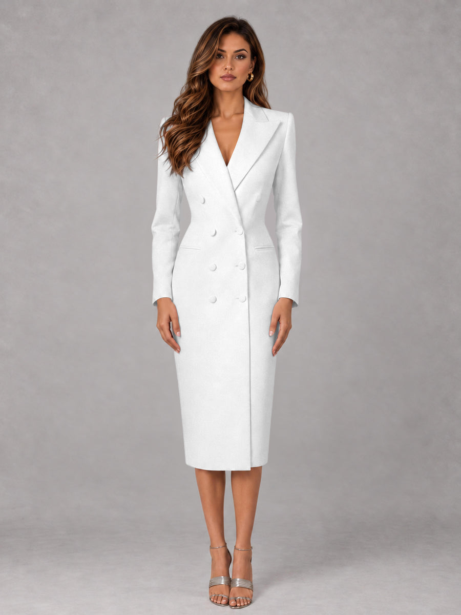 White Tailored Fit Peak Lapel Double Breasted Tea-Length Women's Blazer