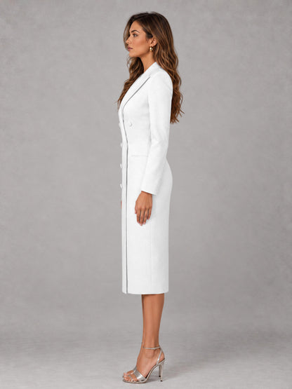 White Tailored Fit Peak Lapel Double Breasted Tea-Length Women's Blazer